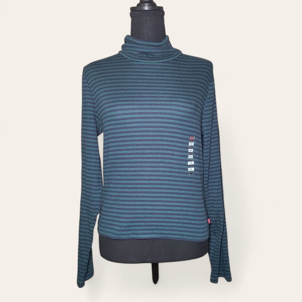 NWT Levis Women’s Plus Size 1X Green Blue Striped Turtleneck Cropped Body Fit